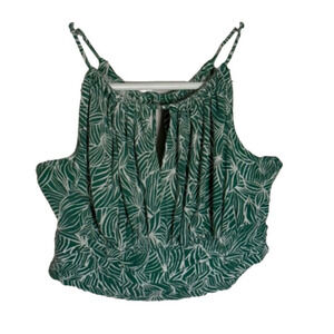 Dark Green Floral Palm Botanical Crop Top Halter Back Tie and Pleated Details